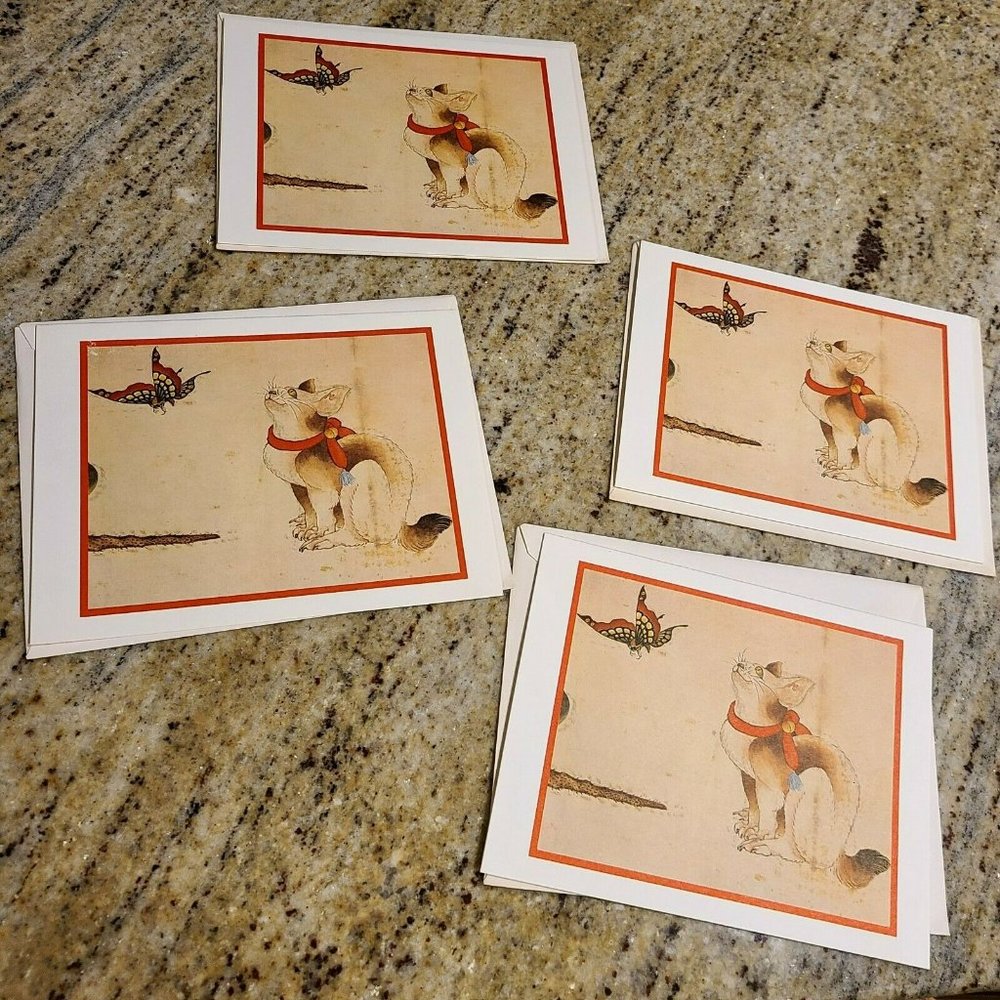 Katsushika Hokusai Cat and Butterfly Set of 4 Blank Greeting Cards w/ Envelopes